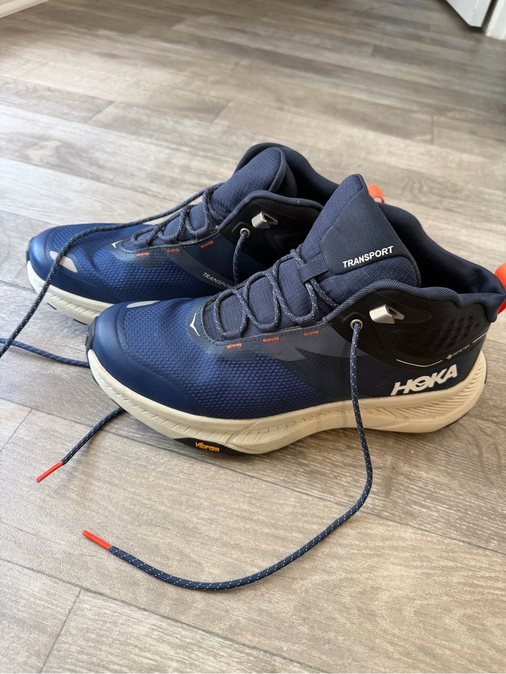 Hoka One One Navy Blue Trail Sneaker with Orange Insole